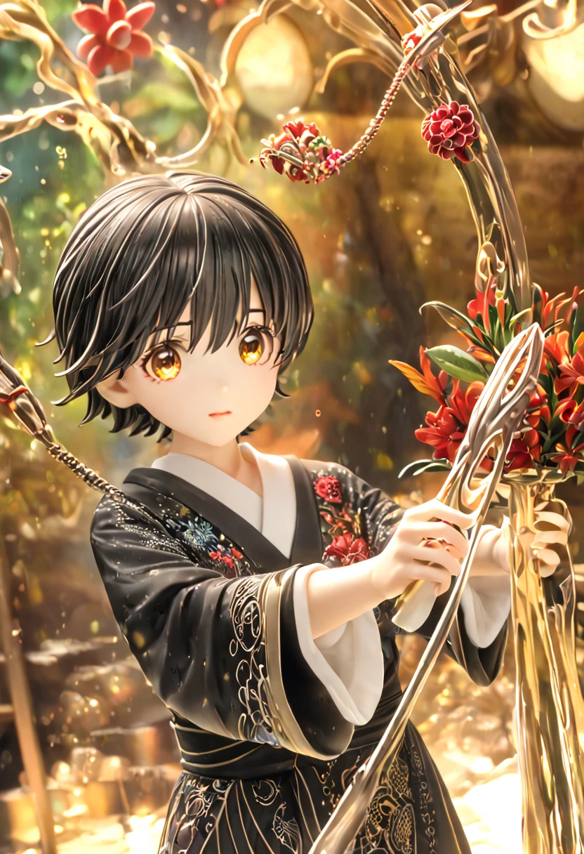 Highest quality, very good, 16K, Ridiculous, Very detailed, Black short hair, Red flower hair ornament, Yellow Eyes, He is wearing a black kimono with a spider web painted on his shoulder., Background Space（（A masterpiece packed with fantasy elements）））， （（Highest quality））， （（Intricate details））（8K）