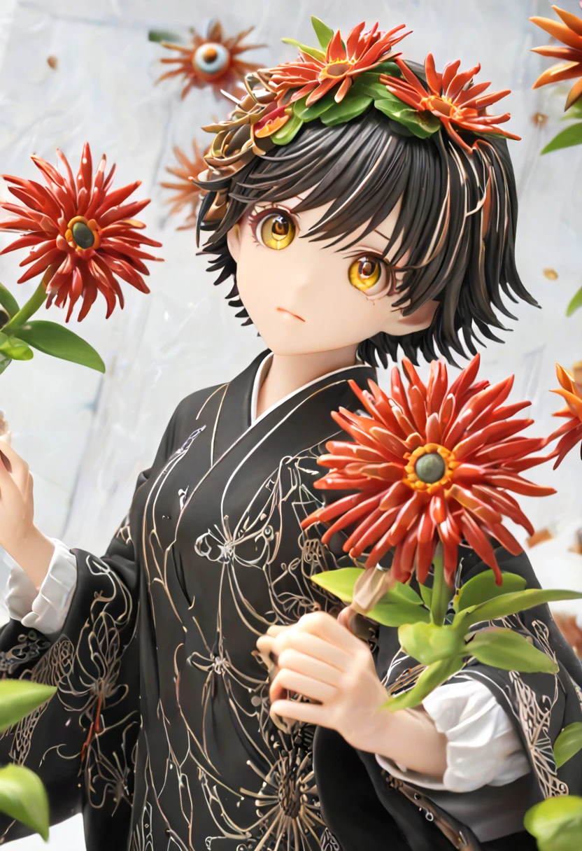 Highest quality, very good, 16K, Ridiculous, Very detailed, Black short hair, Red flower hair ornament, Yellow Eyes, He is wearing a black kimono with a spider web painted on his shoulder., Background Space（（A masterpiece packed with fantasy elements）））， （（Highest quality））， （（Intricate details））（8K）