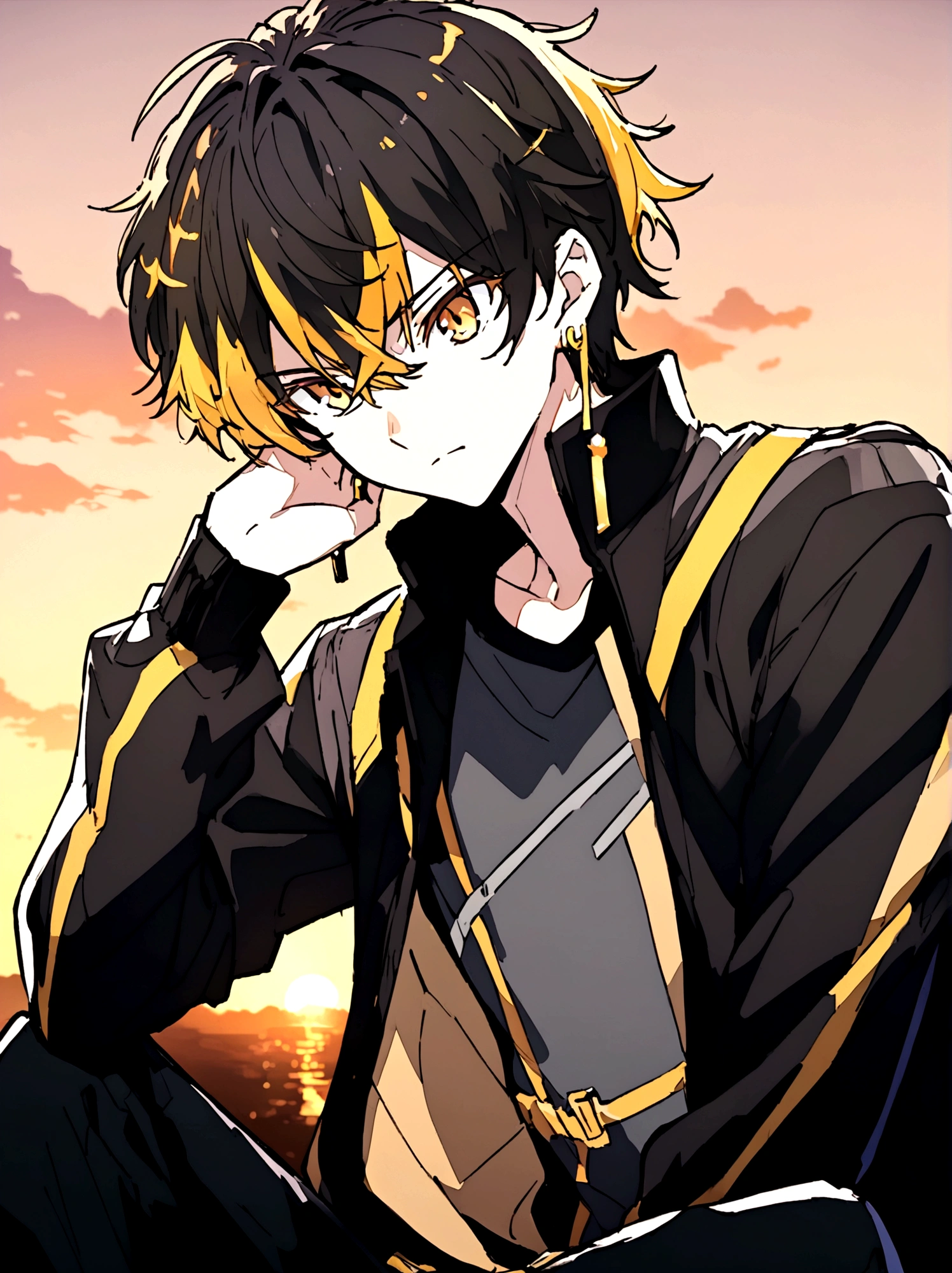 Anime male, gold eyes, gold yellow hair, golden earrings, black shirt, black tech jacket, black pants, best quality, cool, sunset