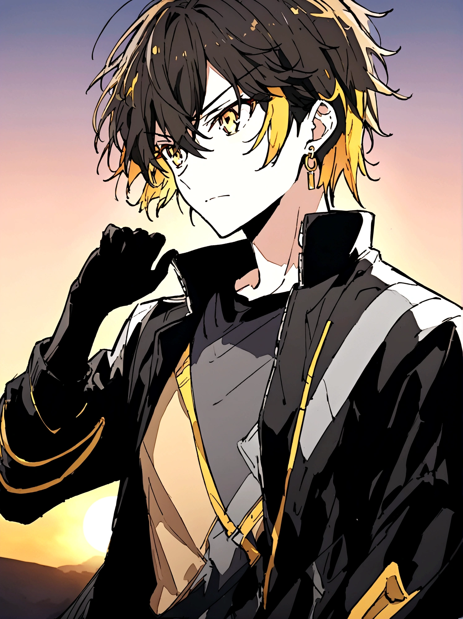 Anime male, gold eyes, gold yellow hair, golden earrings, black shirt, black tech jacket, black pants, best quality, cool, sunset