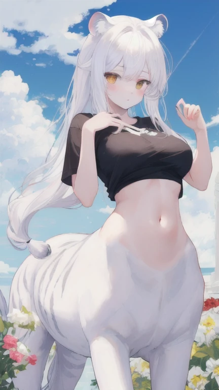 (best quality, masterpiece), 1 girl, centaur, It takes, White skin, Korean ,exposing the abdomen,belly button t-shirt, 아름다운 소녀 perfect white tiger photo, perfect white tiger photo