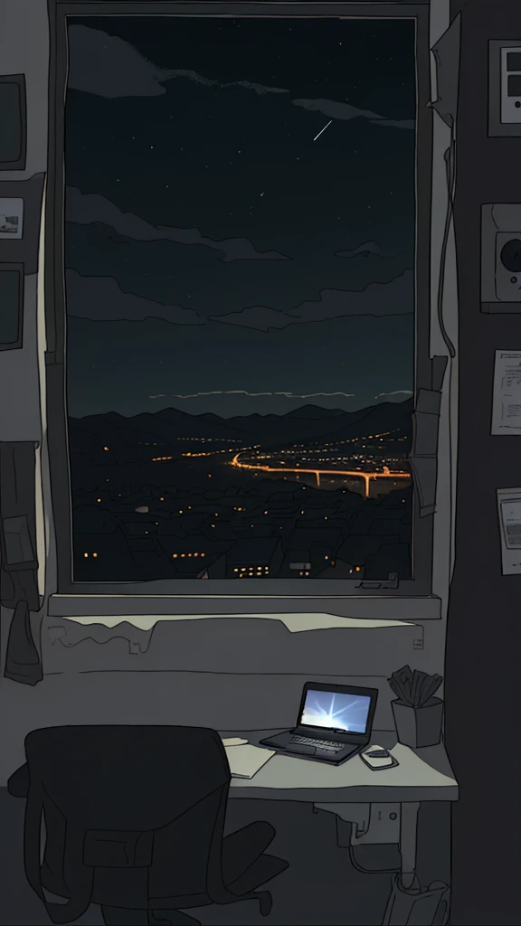 computer at a window seat, night city outside the window, horizontal screen size,