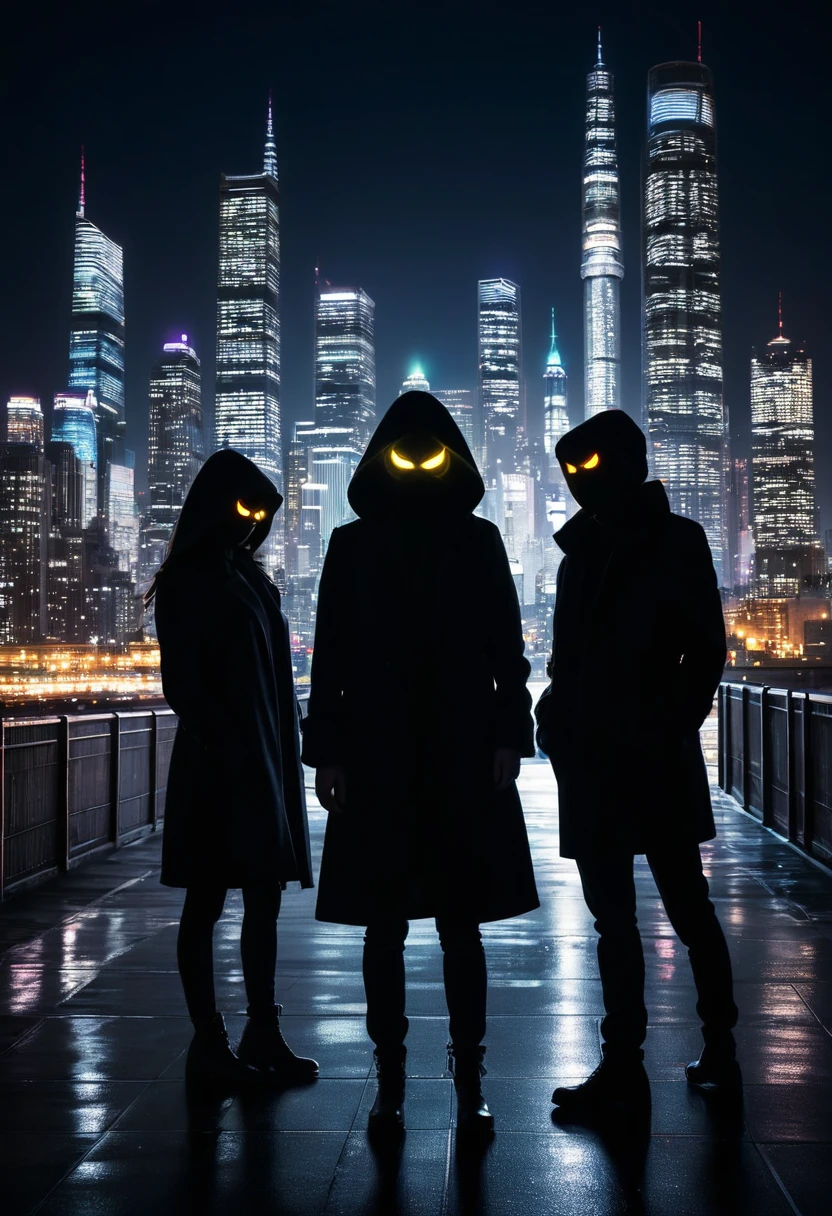 Three silhouetted figures with glowing eyes stand in the foreground against a backdrop of a cityscape with bright, blurred lights at night. The image has a grainy, high-contrast effect.