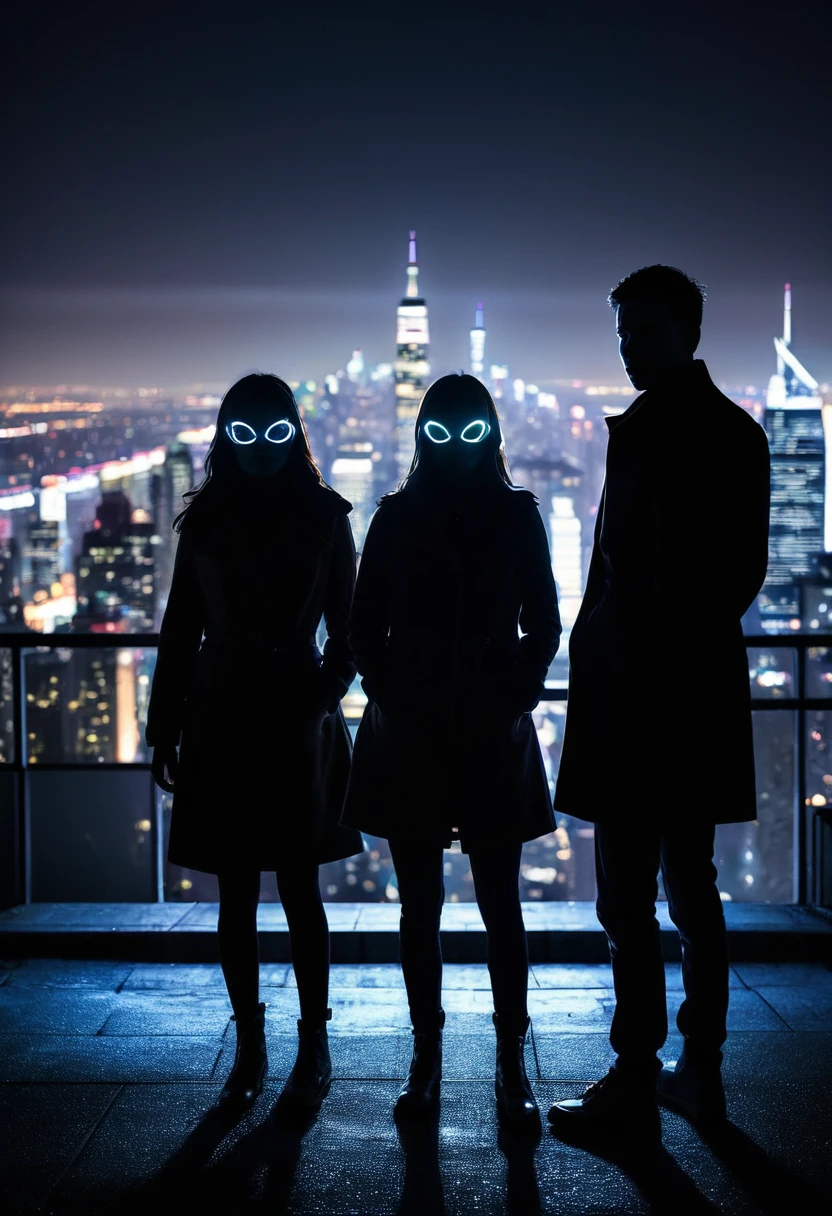 Three silhouetted figures with glowing eyes stand in the foreground against a backdrop of a cityscape with bright, blurred lights at night. The image has a grainy, high-contrast effect.
