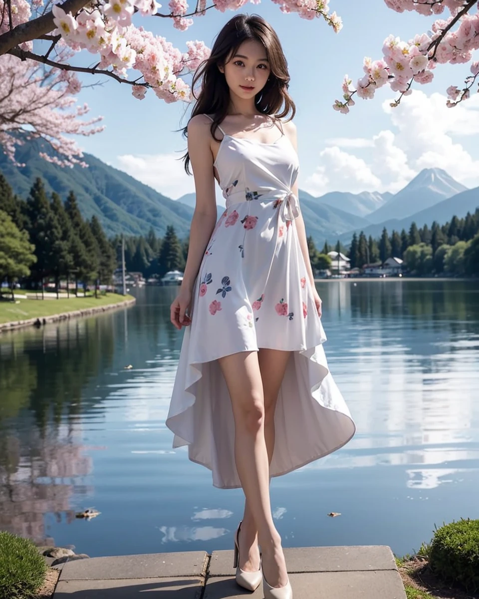 Beautiful Japanese waifu, early 30s, brunette hair, white dress with floral patterns 