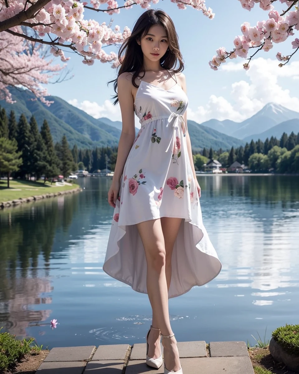 Beautiful Japanese waifu, early 30s, brunette hair, white dress with floral patterns 