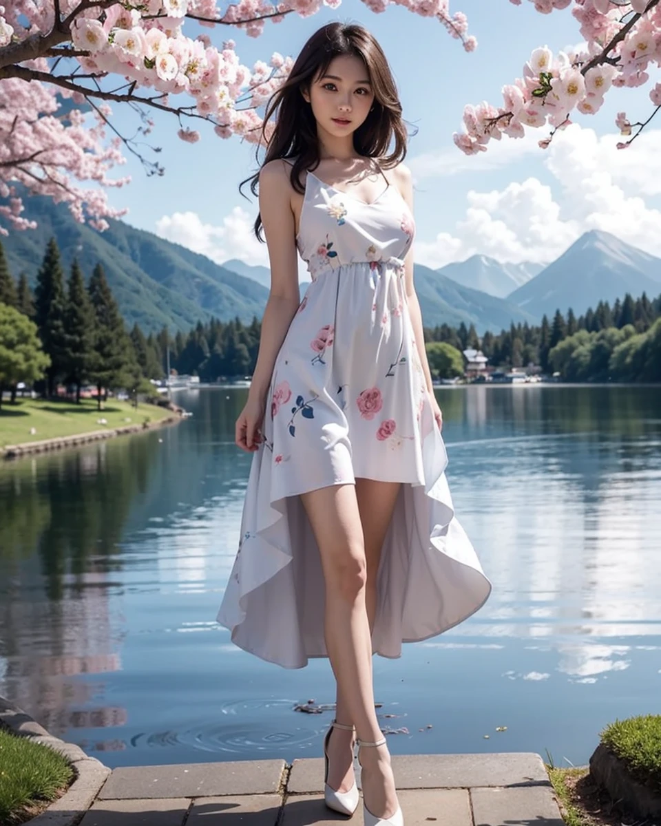 Beautiful Japanese waifu, early 30s, brunette hair, white dress with floral patterns