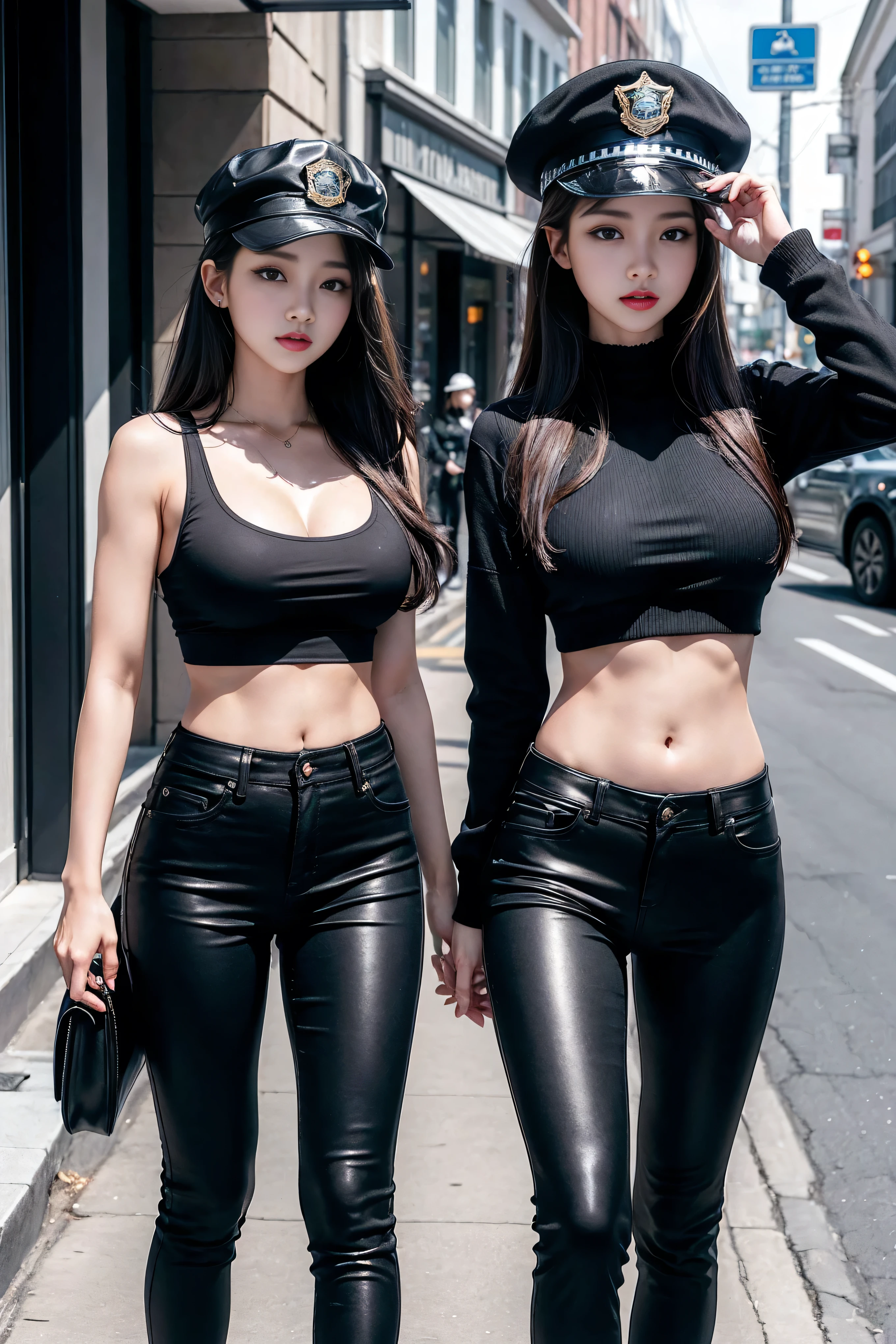 Physically Based Rendering, (1个female孩:1), female, (beautiful:1.2), street, Sexy muscular body, Slim waist, (Big Shot:1.Keep, Tight black pants, Dressed in America,Wearing a police hat,
