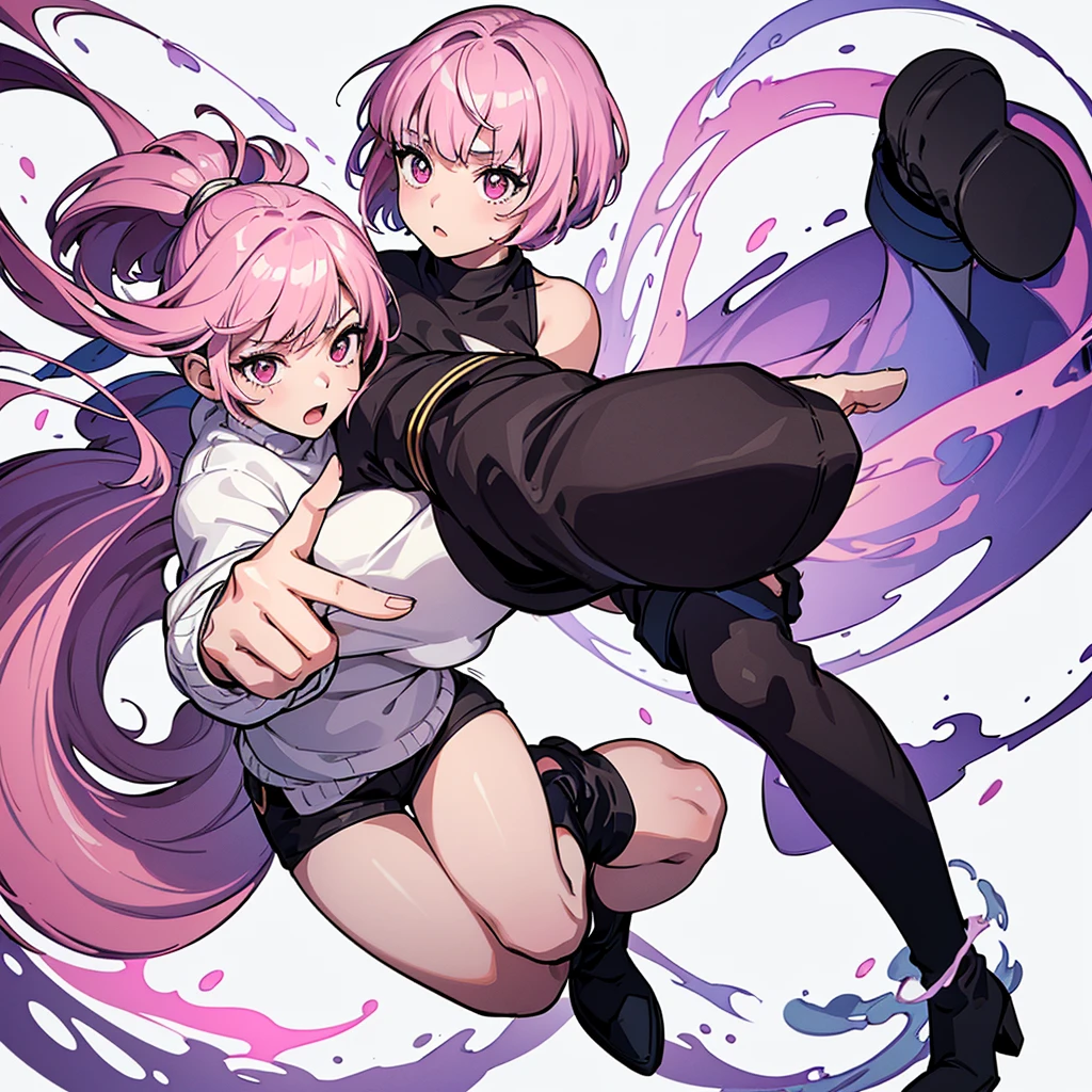 (Full body character concept)、Best illustrations、Best Quality、(Solo)、(The same face:1.1),(One girl、23 years old),Dynamic pose,Medieval Fantasy、Magic wand,(White Background)、(Pink Hair、Very Short Hair、Align your bangs)、(Black sweater、pants、Knee-high boots)
