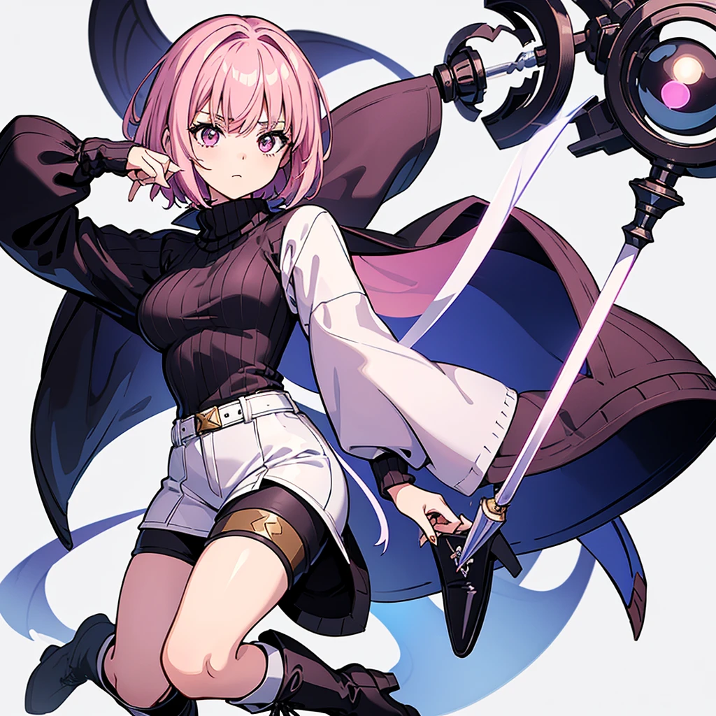 (Full body character concept)、Best illustrations、Best Quality、(Solo)、(The same face:1.1),(One girl、23 years old),Dynamic pose,Medieval Fantasy、Magic wand,(White Background)、(Pink Hair、Very Short Hair、Align your bangs)、(Black sweater、pants、Knee-high boots)