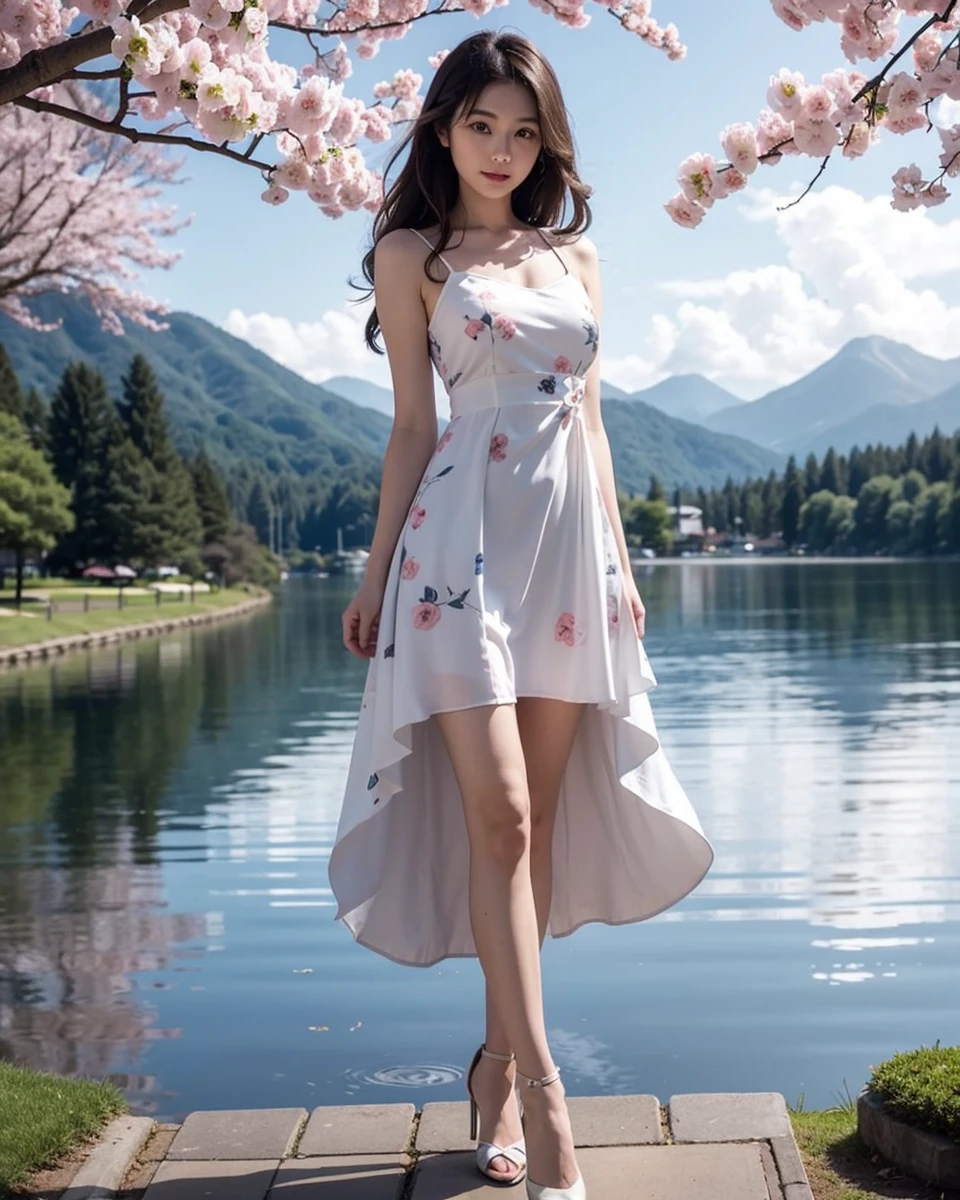 Beautiful Japanese waifu, early 30s, brunette hair, white dress with floral patterns
