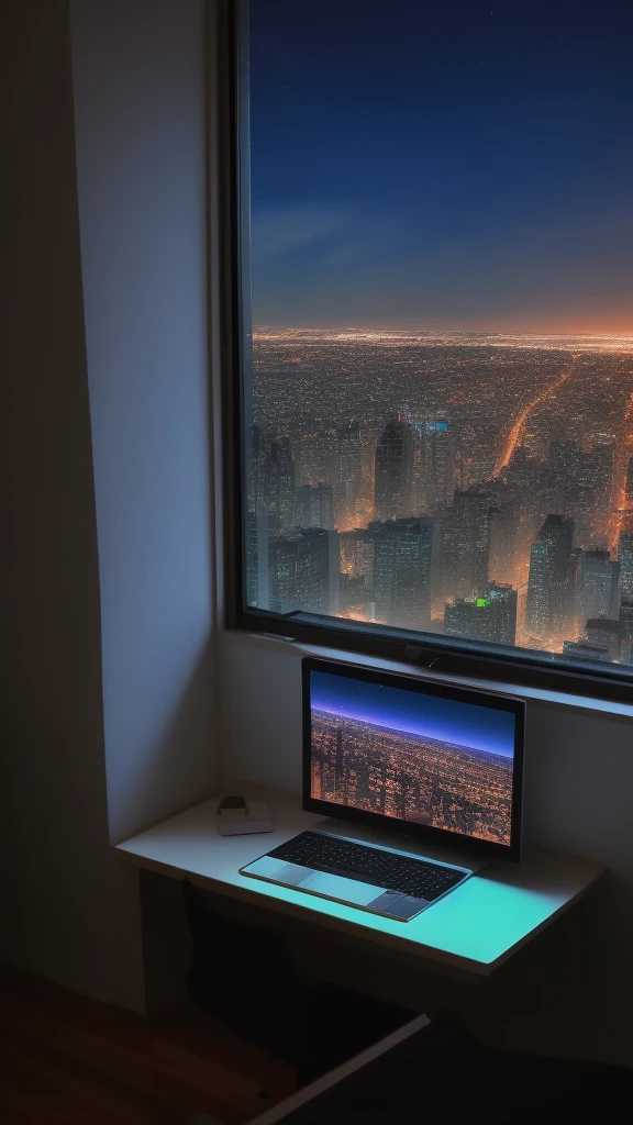 computer at a window seat, night city outside the window, horizontal screen size,