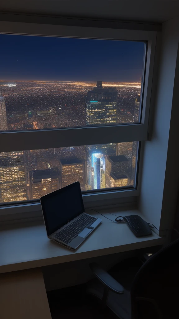 computer at a window seat, night city outside the window, horizontal screen size,