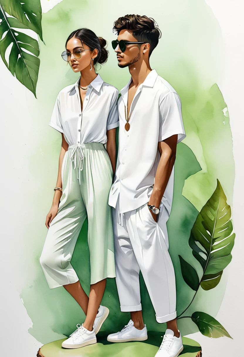 candid fashion illustration of young Mixed race man and woman, both aged 18 year old, ((showcase fashion look book in a Black and White rayon outfits)), inspired by BACKSTAGE resort collection 2023 in elegant young chic bohemian style. The man wears an oversized short-sleeved bowling white shirt with a minimal embroidery details, paired with relaxed-fit white Sports pants with Drawstring, He completes his look with white sneakers, round glasses. The woman complements him in a white Ankle-length dress in cotton woven fabric, Smocked details to creating gathers technique, Her ensemble includes an accessorizes with a brimmed straw bag, wood necklace and white sneakers and necklace. Captured in a low angle, ((full-body image)), ((light green leaf water color background)), sketching, realistic drawing, ((imperfect water color drawing)), fashion look book, fashion illustrator, sketch design,