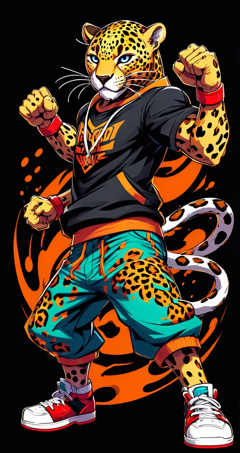 Leopard style fighting game, Hip-Hop Style, t shirt design, flat-colors, vectorial art,  ((black backdrop)) . dynamic, Vibrant, full of action, detailed character design, reminiscent of fighting video games
