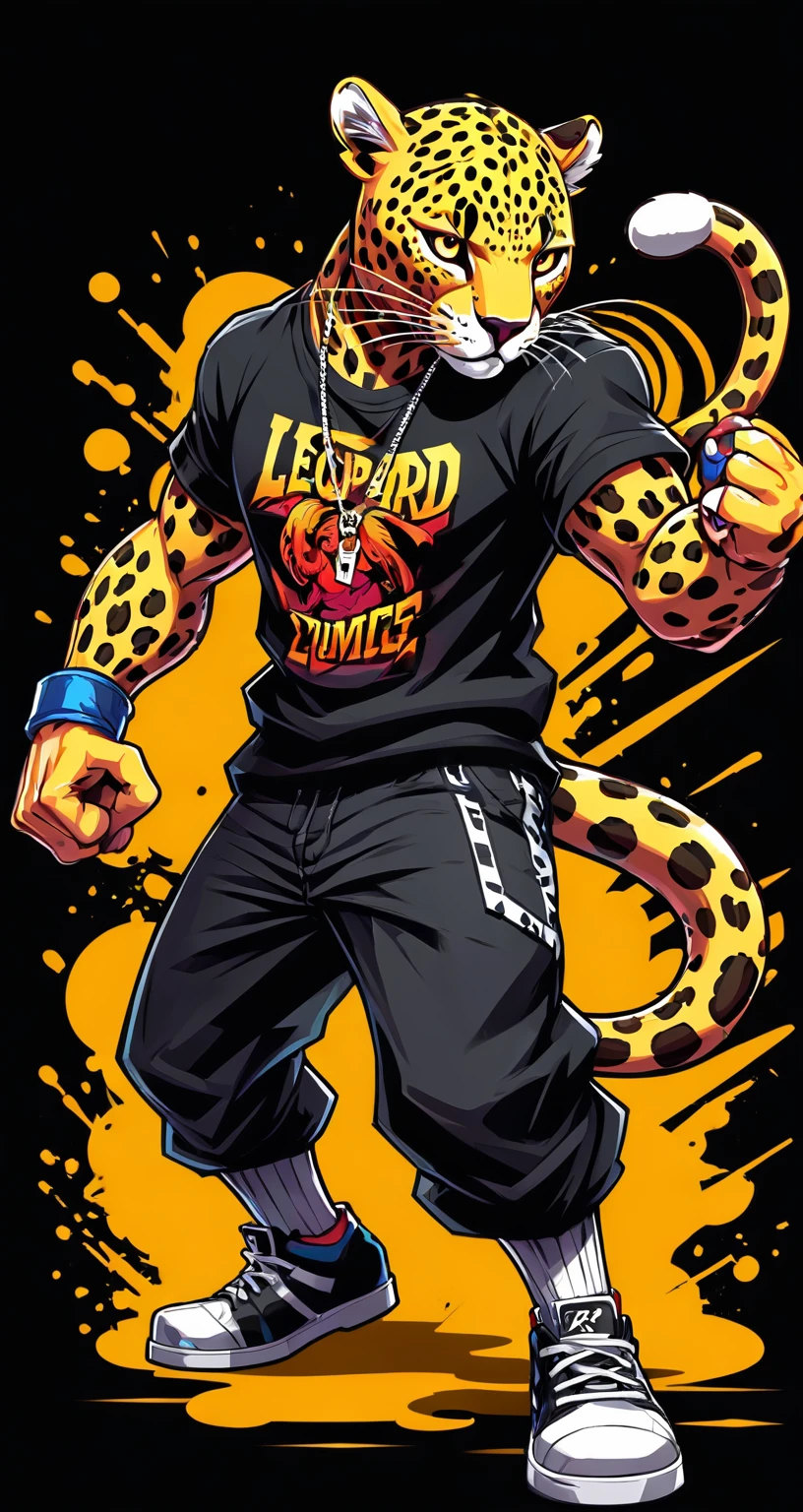Leopard style fighting game, Hip-Hop Style, t shirt design, flat-colors, vectorial art, ((black backdrop)) . dynamic, Vibrant, full of action, detailed character design, reminiscent of fighting video games