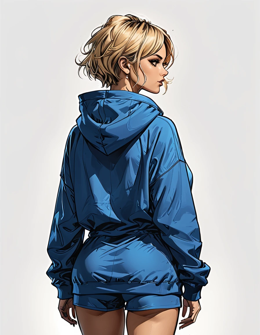 (Rear view), (view from the back) ,outline, contour, deep shadow, shadows,
back view girl girl in Blue oversized hoodie on white background, adult, Hourglass fitness body, perfect Olive skin, Short blonde Waves pixie hair,
graphic style of novel comics, perfect hands, 2d, 8k, hyperrealism, masterpiece, high resolution, best quality, ultra-detailed, super realistic, Hyperrealistic art, high-quality, ultra high res, highest detailed, lot of details, Extremely high-resolution details, incredibly lifelike, colourful, soft cinematic light,