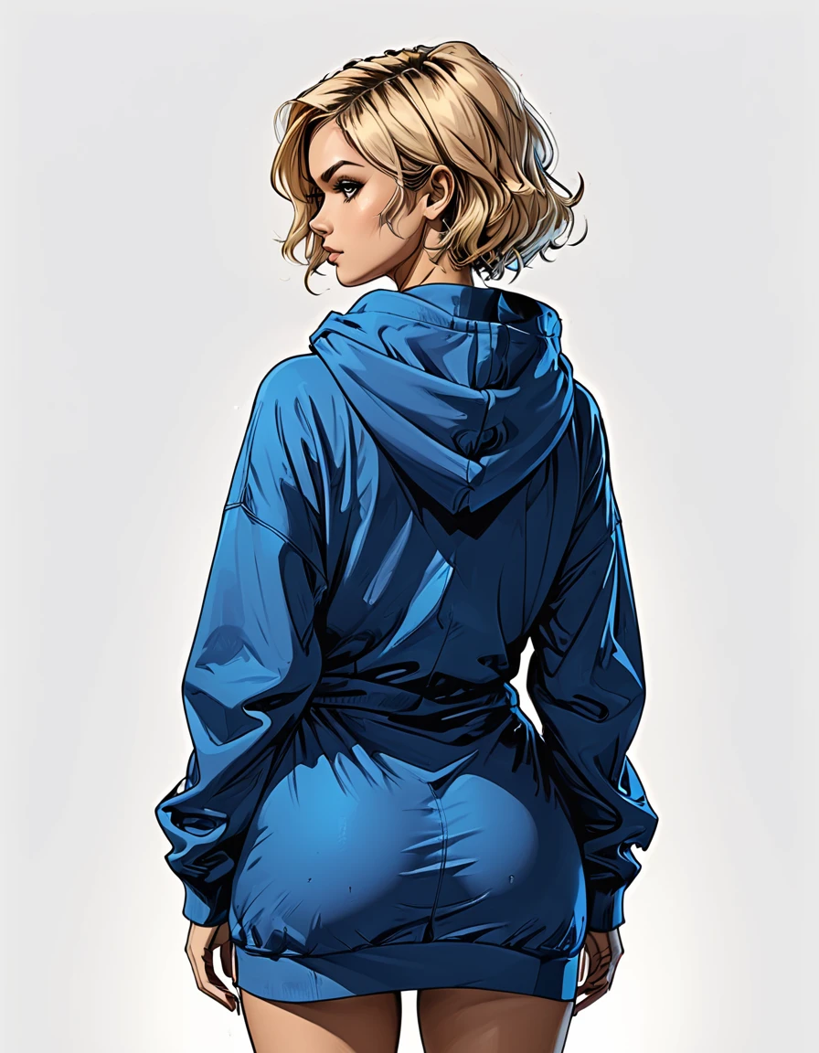 (Rear view), (view from the back) ,outline, contour, deep shadow, shadows,
back view girl girl in Blue oversized hoodie on white background,  adult, Hourglass fitness body, perfect Olive skin, Short blonde Waves pixie hair, 



graphic style of novel comics, perfect hands, 2d, 8k, hyperrealism, masterpiece, high resolution, best quality, ultra-detailed, super realistic, Hyperrealistic art, high-quality, ultra high res, highest detailed, lot of details, Extremely high-resolution details, incredibly lifelike, colourful, soft cinematic light,