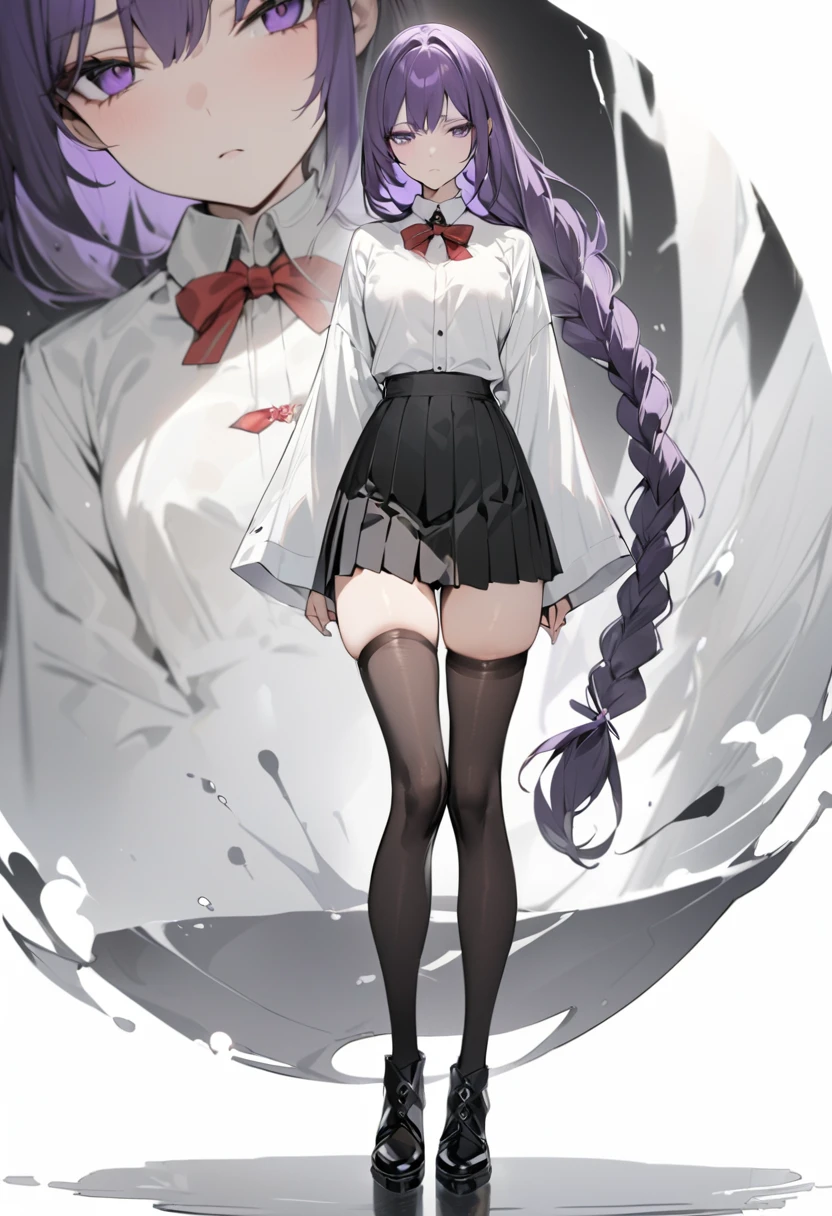 masterpiece, best quality, adult female, dark purple hair, very long single braid, bright purple eyes, white collared shirt with furisode sleeves, thin red bow tie with a diamond-shaped pin on the front of the bow under the collar, black high-waisted pleated skirt, dark purple thigh high socks, black ankle boots, emotionless, calm, expressionless, simple white background, full body, standing 