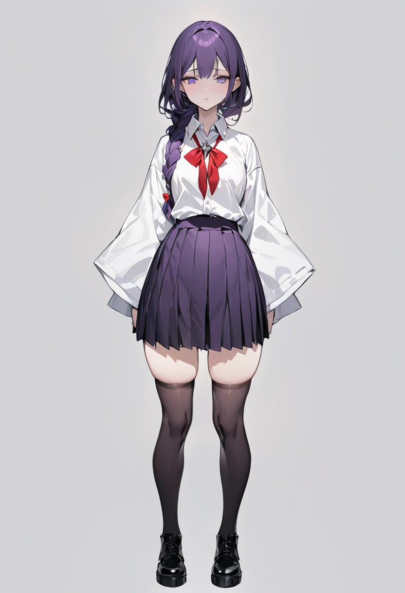 masterpiece, best quality, adult female, dark purple hair, very long single braid, bright purple eyes, white collared shirt with furisode sleeves, thin red bow tie with a diamond-shaped pin on the front of the bow under the collar, black high-waisted pleated skirt, dark purple thigh high socks, black ankle boots, emotionless, calm, expressionless, simple white background, full body, standing
