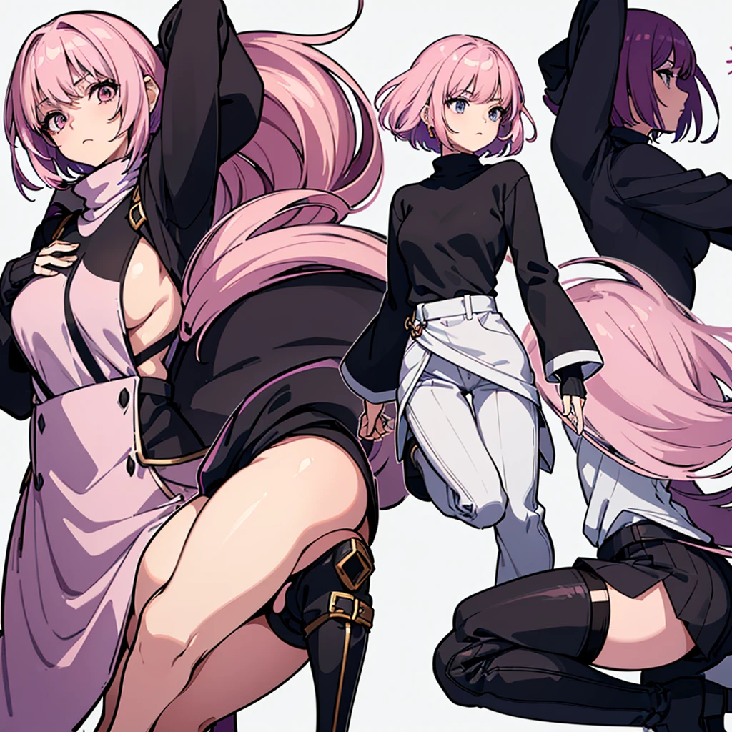 (Full body character concept)、Best illustrations、Best Quality、(Solo)、(The same face:1.1),(One girl、23 years old),Dynamic pose,Medieval Fantasy、Magic wand,(White Background)、(Pink Hair、Very Short Hair、Align your bangs)、(Black sweater、pants、Knee-high boots)、(From the side、profile)