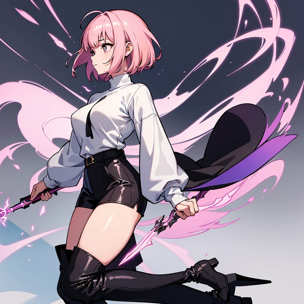 (Full body character concept)、Best illustrations、Best Quality、(Solo)、(The same face:1.1),(One girl、23 years old),Dynamic pose,Medieval Fantasy、Magic wand,(White Background)、(Pink Hair、Very Short Hair、Align your bangs)、(Black sweater、pants、Knee-high boots)、(From the side、profile)