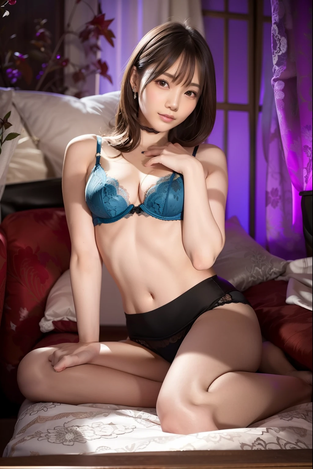 (best quality:1.2), (masterpiece:1.2), very detailed, high resolution, 8k, (professional lighting:0.9), cute Japanese woman, cute 24 year old beauty, slim body, (slightly saggy busty breasts), thin lips, detailed face, Beautiful and elegant face, cute face, natural bangs, arched eyebrows, well-groomed eyebrows, (big eyes with a good balance between the left and right sides), cute eyes, beautiful eyes, beautiful thin nose, beautiful face line, (beautiful skin), medium hair, medium length hair, (natural bangs), Brunette hair, slim face, slim figure, (Looking at the camera with gentle expression), beautiful legs, smooth skin, slim and beautiful thighs, cute and sexy slim 24 year old woman, fair skin, Beautiful breasts, (Slender and slim body:1.5), (Slim waist), (slim hips), ((slim Butt)), Detailed fingers, beautiful hands, (The best lighting), (Black Hair), very sexy bra with lace, very sexy panties with lace, Micro Bikini with lace, sexy panty with lace, Fishnets, stockings, (sexy panty with lace:1.5), ((Beautiful Cleavage)), (sexy Bra with lace), 
