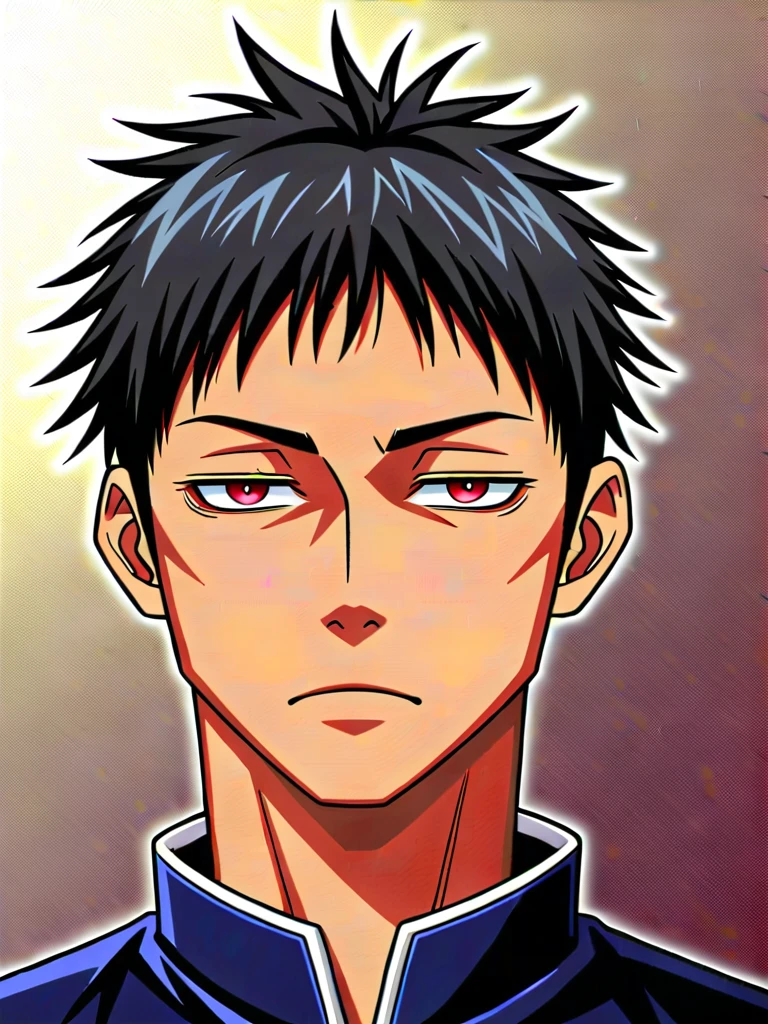 1boy, solo, ((brown skin color)), black hair, ((messy fringe hairstyle)), red eyes, black suit, tired eyes, eye bags, ************, masterpiece, best quality, high quality, upper body, male focus, eye bags, ((jujutsu kaisen artstyle)