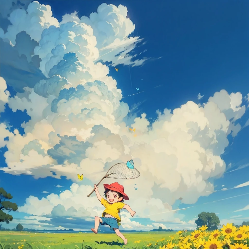 Summer blue sky、 Cumulonimbus、Green Field、Boy with a butterfly net、Chasing butterflies、View from the side
