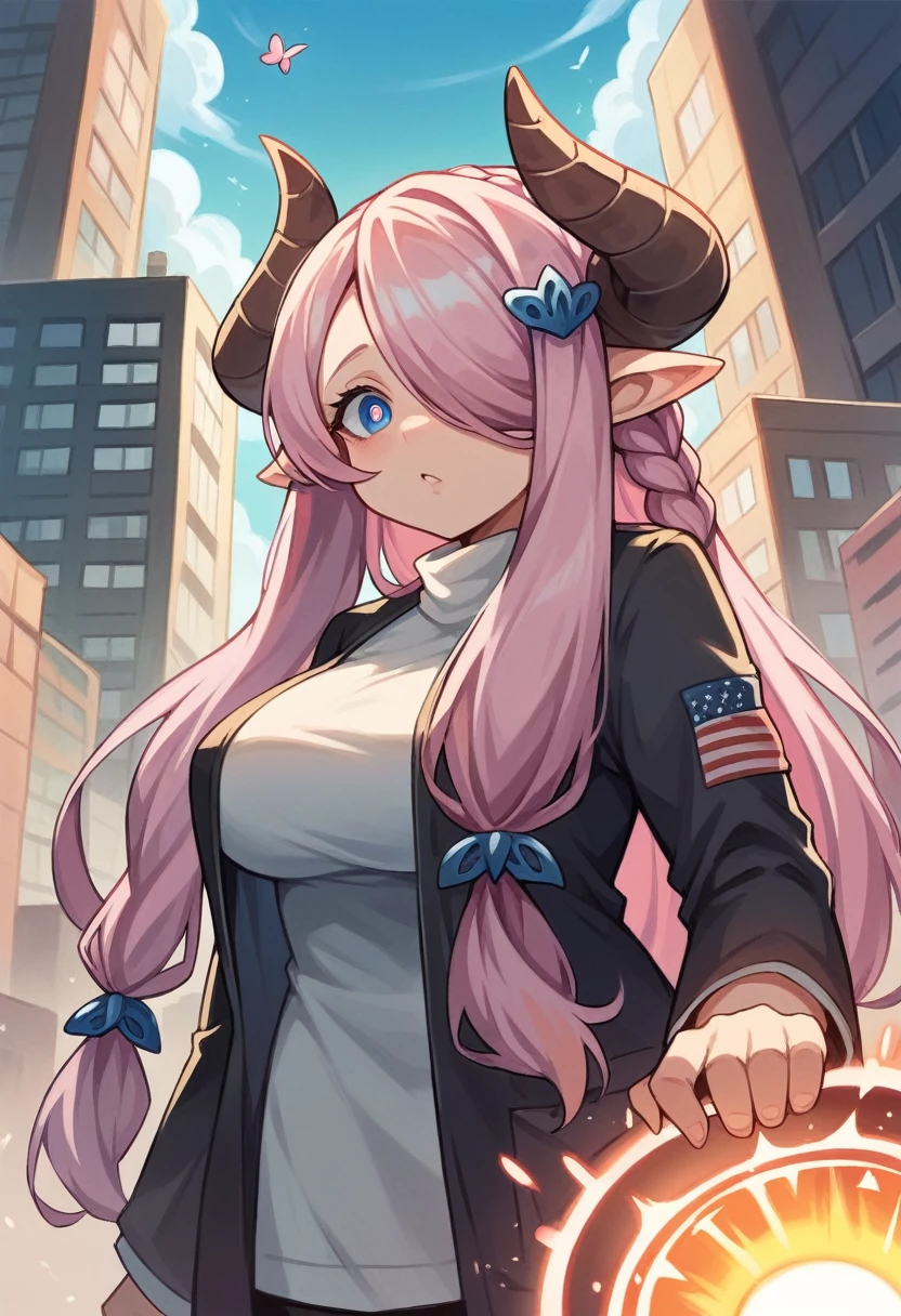 Narmaya has just stepped through a portal from her fantasy world into modern America. She stands in awe of the city buildings around her as the portal behind her closes. The image is life-like and semi-realistic. Extreme detail has been put into the shading. It's a masterpiece of fantasy art.(masterpiece), best quality, expressive eyes, perfect face, portal, American city, sky scrapers, seductive, erotic, fantasy, 8k, absurdres, narmaya, pink hair, blue eye with pink pupil, hair over eye, draph, horns, butterfly hair clip,