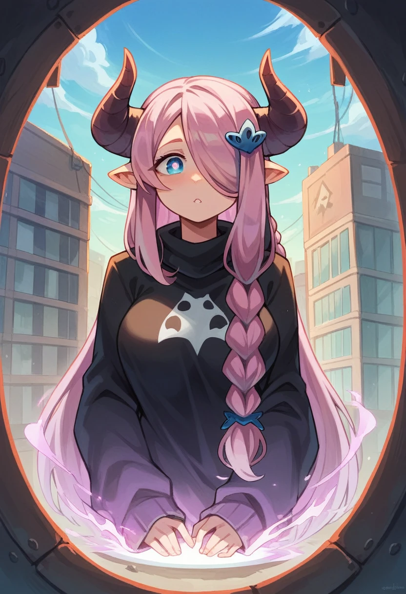 Narmaya has just stepped through a portal from her fantasy world into modern America. She stands in awe of the city buildings around her as the portal behind her closes. The image is life-like and semi-realistic. Extreme detail has been put into the shading. It's a masterpiece of fantasy art.(masterpiece), best quality, expressive eyes, perfect face, portal, American city, sky scrapers, seductive, erotic, fantasy, 8k, absurdres, narmaya, pink hair, blue eye with pink pupil, hair over eye, draph, horns, butterfly hair clip,