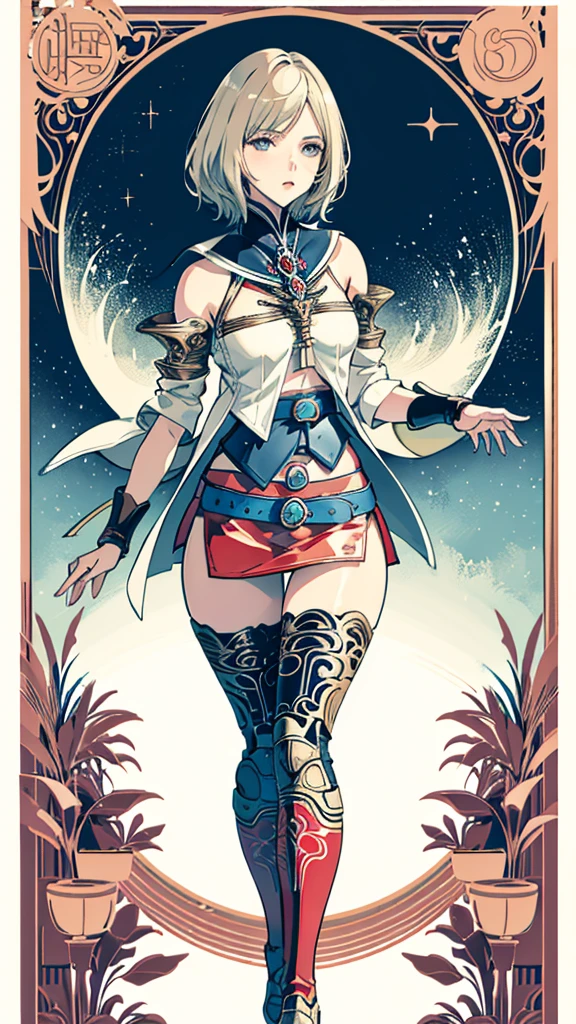 White background,appearance々Facial expressions, (masutepiece, of the highest quality, Official art, Beautiful and aesthetic:1.2), ighly detailed, Colorful, highest details, Illustrations, Everyday scenery, 1girl in, Solo, (Final Fantasy 12, Ashelia, shorth hair, short-hair, Ashelia Costume, Red mini skirt, thighs thighs thighs thighs, Knee socks that cover up to the shin, jewely, Blue belt, Number on one of the belts), is standing, Medieval fantasy, cowboy shot, move chart, anime, Best Quality