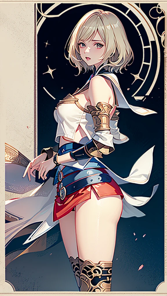 White background,appearance々Facial expressions, (masutepiece, of the highest quality, Official art, Beautiful and aesthetic:1.2), ighly detailed, Colorful, highest details, Illustrations, Everyday scenery, 1girl in, Solo, (Final Fantasy 12, Ashelia, shorth hair, short-hair, Ashelia Costume, Red mini skirt, thighs thighs thighs thighs, Knee socks that cover up to the shin, jewely, Blue belt, Number on one of the belts), is standing, Medieval fantasy, cowboy shot, move chart, anime, Best Quality