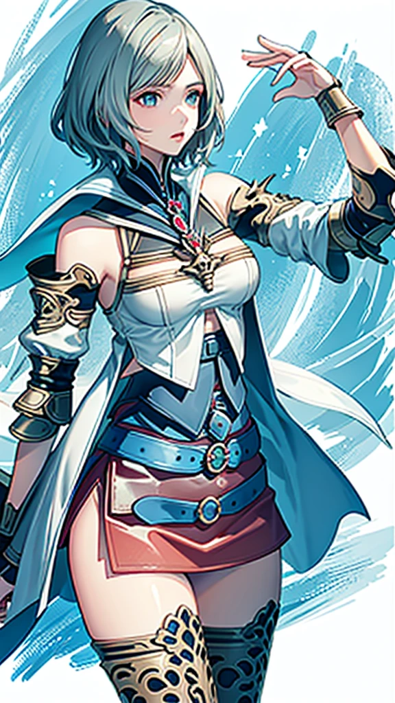 White background,appearance々Facial expressions, (masutepiece, of the highest quality, Official art, Beautiful and aesthetic:1.2), ighly detailed, Colorful, highest details, Illustrations, Everyday scenery, 1girl in, Solo, (Final Fantasy 12, Ashelia, shorth hair, short-hair, Ashelia Costume, Red mini skirt, thighs thighs thighs thighs, Knee socks that cover up to the shin, jewely, Blue belt, Number on one of the belts), is standing, Medieval fantasy, cowboy shot, move chart, anime, Best Quality