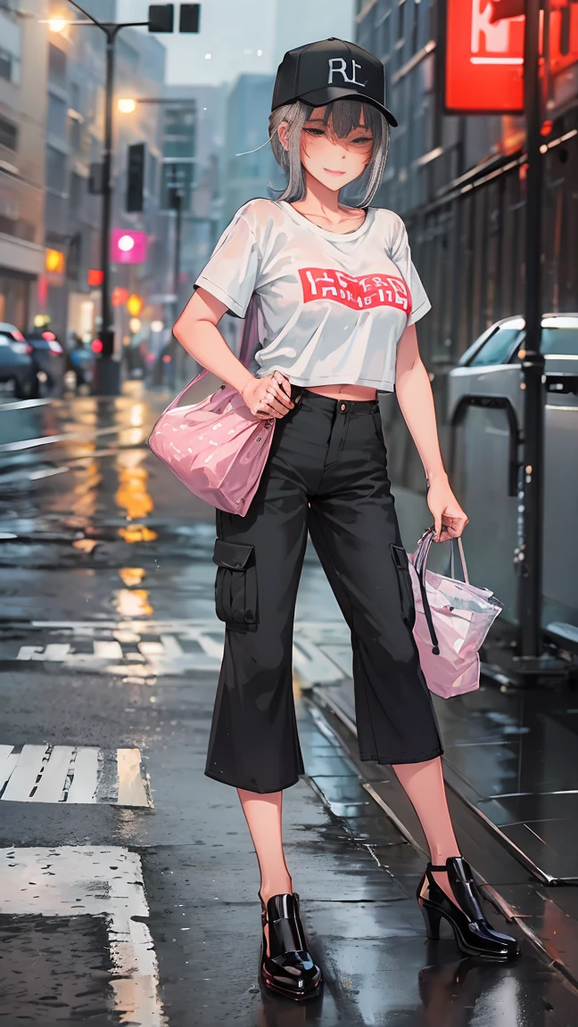 Super Resolution,
(Practical:1.3),
(1 Slim girl), Fashion女孩, Fashion,
Young face, blush, (Smile),
(Slim) thigh,
Baseball cap, earrings,
(Black T-shirt), (Loose cargo pants),
Gravure printing,
Rainy Street