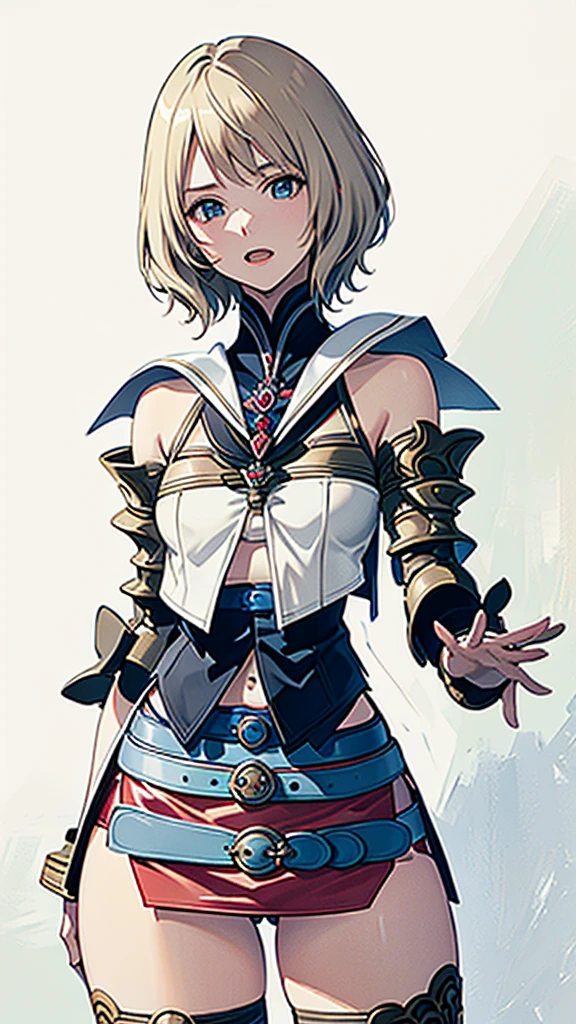 White background,appearance々Facial expressions,cowboy shot,(masutepiece, of the highest quality, Best Quality, Official art, Beautiful and aesthetic:1.2), ighly detailed, Colorful,highest details,Illustrations,Everyday scenery, 1girl in, Solo, (Final Fantasy 12,Ashelia, shorth hair,short-hair ,Ashelia Costume,Red mini skirt, thighs thighs thighs thighs, Knee socks that cover up to the shin,jewely, Blue belt,Number on one of the belts), is standing, gritted teeth, Heavy breathing, move chart,Medieval fantasy