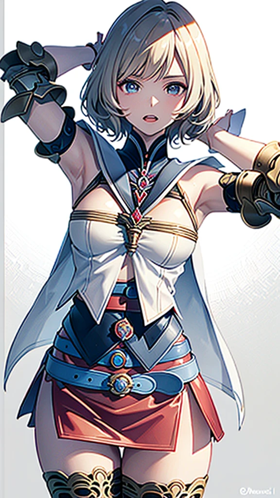 White background,appearance々Facial expressions,cowboy shot,(masutepiece, of the highest quality, Best Quality, Official art, Beautiful and aesthetic:1.2), ighly detailed, Colorful,highest details,Illustrations,Everyday scenery, 1girl in, Solo, (Final Fantasy 12,Ashelia, shorth hair,short-hair ,Ashelia Costume,Red mini skirt, thighs thighs thighs thighs, Knee socks that cover up to the shin,jewely, Blue belt,Number on one of the belts), is standing, gritted teeth, Heavy breathing, move chart,Medieval fantasy