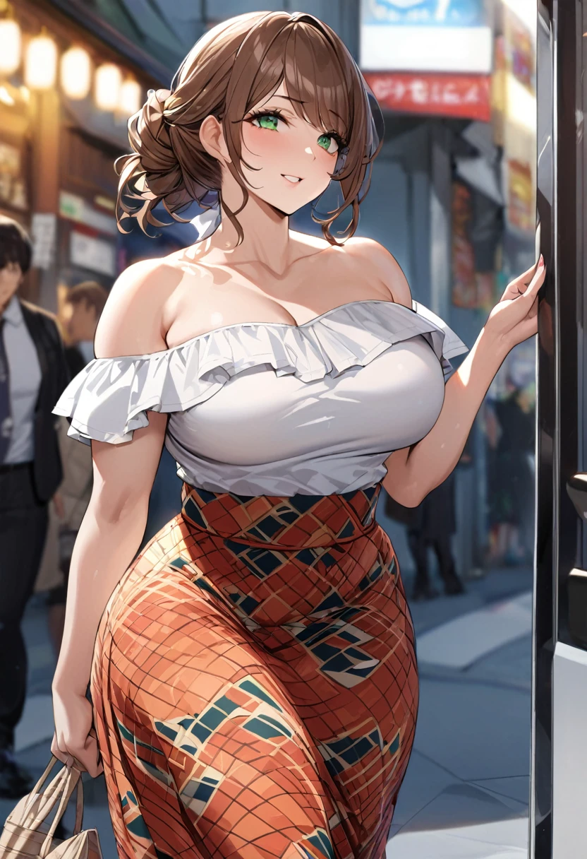 masterpiece,ultra detailed,hyperrealistic1woman,off-the -shoulder short blouse,plain blouse,patterned skirt,medium long skirt,at tokyo,curvy body,medium tied up hair,brown hair,(tareme),mature cheerful woman,green eyes,