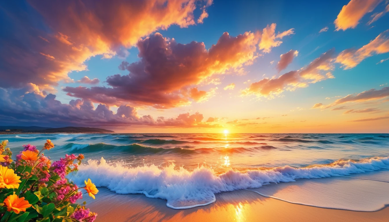 The background of the picture is peaceful by the sunset sea, and the sun was shining brightly, The waves crash against the beach, colorfyl Flowers bloom on the beach, Melodious sound, Strange clouds stand out, first-person view, panorama, UHD,(Best Quality),(Masterpiece Photos), (Details:1.4),(8k Highly Detailed)(Best Quality),(Best Shading)