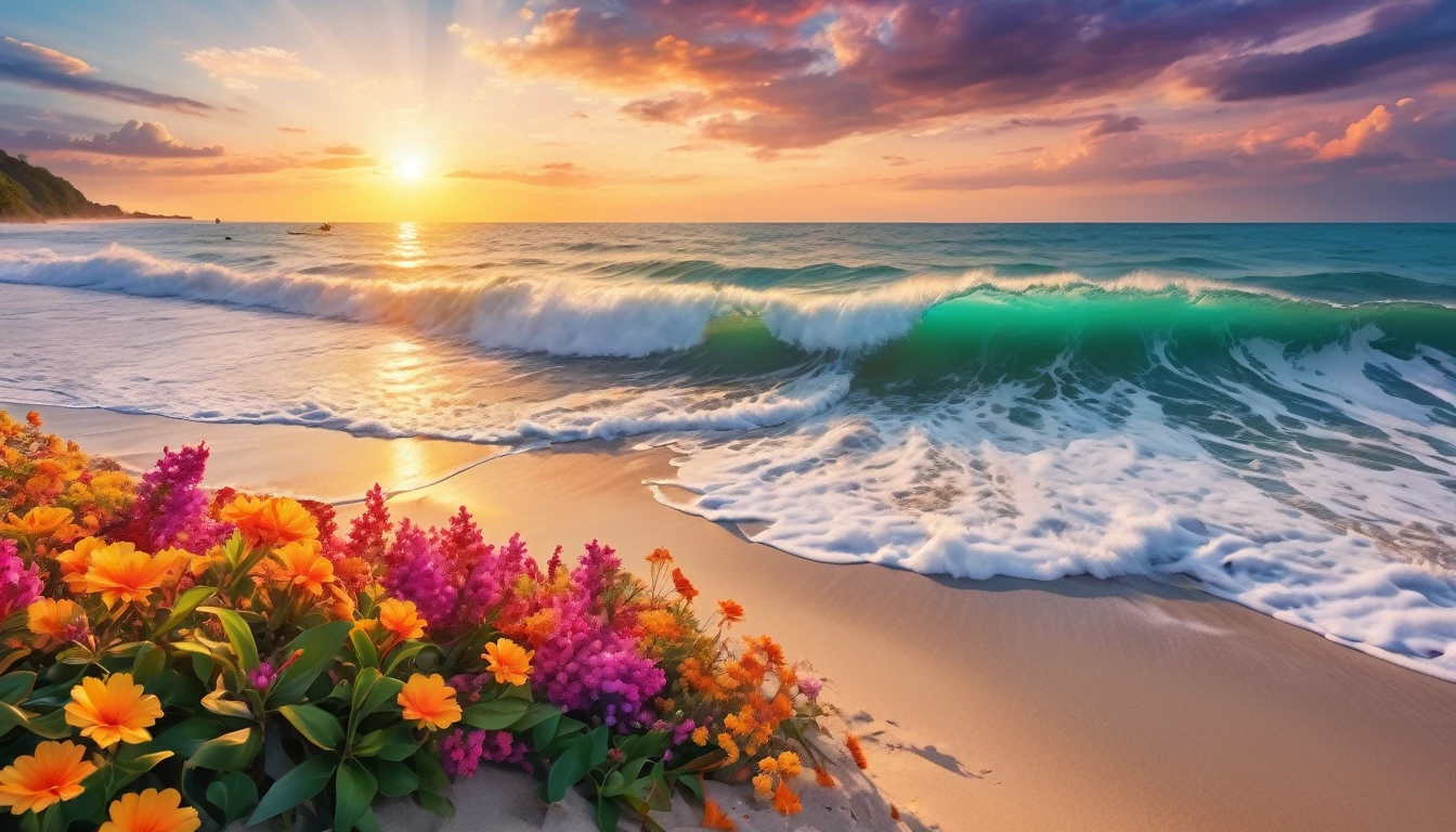 The background of the picture is peaceful by the sunset sea, and the sun was shining brightly, The waves crash against the beach, colorfyl Flowers bloom on the beach, Melodious sound, Strange clouds stand out, first-person view, panorama, UHD,(Best Quality),(Masterpiece Photos), (Details:1.4),(8k Highly Detailed)(Best Quality),(Best Shading)