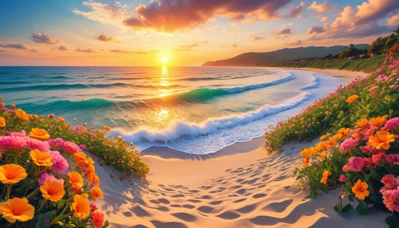 The background of the picture is peaceful by the sunset sea, and the sun was shining brightly, The waves crash against the beach, colorfyl Flowers bloom on the beach, Melodious sound, Strange clouds stand out, first-person view, panorama, UHD,(Best Quality),(Masterpiece Photos), (Details:1.4),(8k Highly Detailed)(Best Quality),(Best Shading)