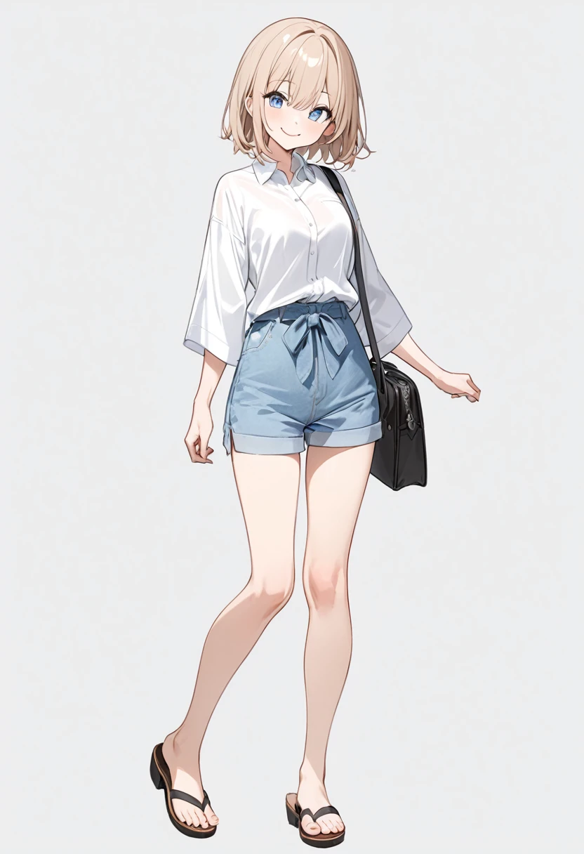 high quality、beautiful、smile、Female student、Shortcuts、simple、front、whole body、Toes、White background