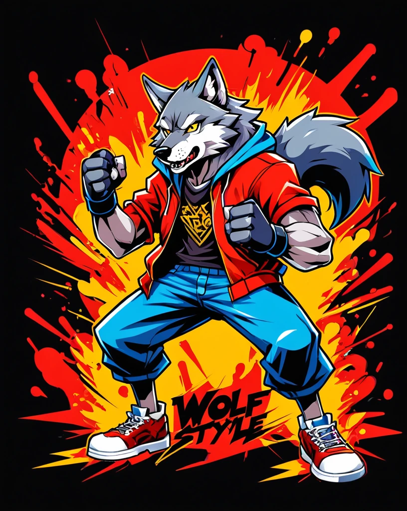 Wolf style fighting game, Hip-Hop Style, t shirt design, flat-colors, vectorial art,  ((black backdrop)) . dynamic, Vibrant, full of action, detailed character design, reminiscent of fighting video games