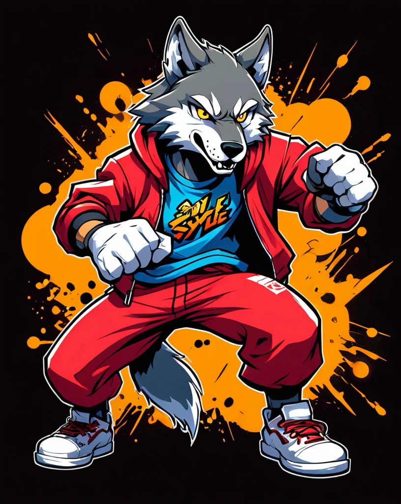 Wolf style fighting game, Hip-Hop Style, t shirt design, flat-colors, vectorial art, ((black backdrop)) . dynamic, Vibrant, full of action, detailed character design, reminiscent of fighting video games