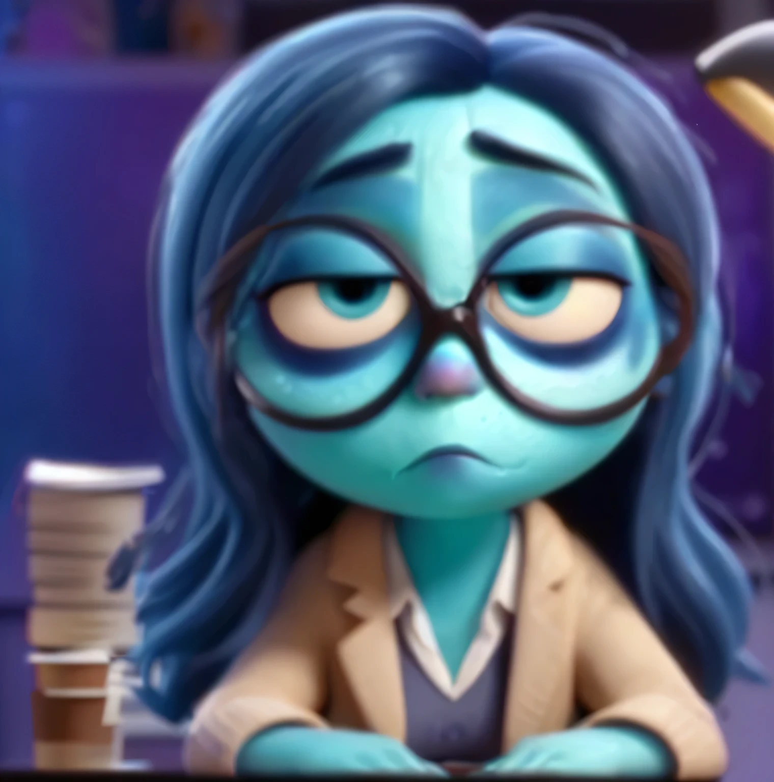 teacher with blue skin color and hair, exhausted with dark circles under her eyes and messy hair, discouraged facial expression, eyes red from sleep, sitting, on her desk with a cup of coffee and books