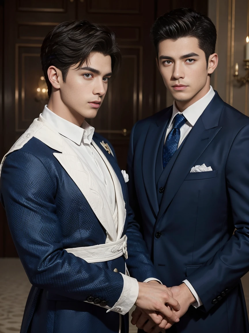 ((masterpiece)),((best quality)),8K,high detail,Very detailed, Very manly,3 men, like,fashion pose, Realistic skin texture, Light,
Royal blue style couple,Perfect hand details