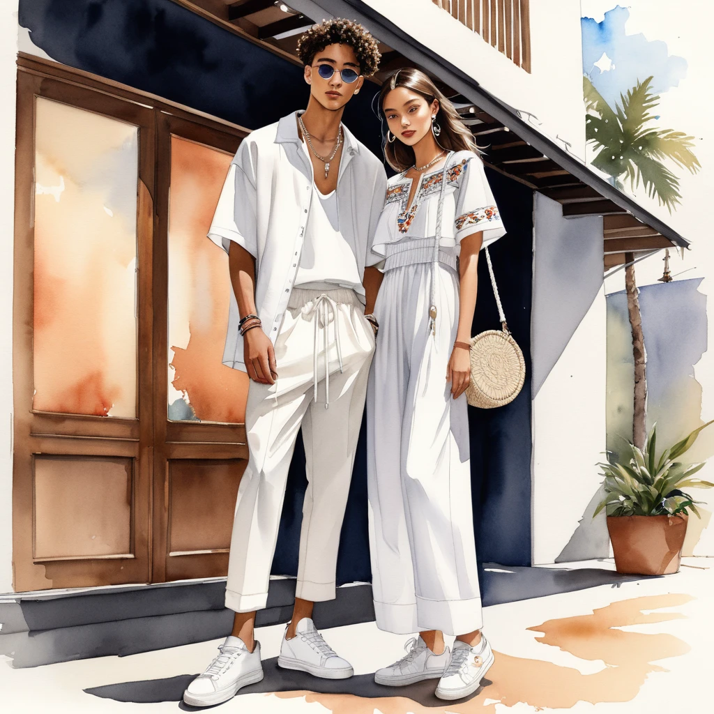 candid fashion illustration of young Mixed race man and woman, both aged 18 year old, ((showcase fashion look book in a Black and White rayon outfits)), inspired by BACKSTAGE resort collection 2023 in elegant young chic bohemian style. The man wears an oversized short-sleeved bowling white shirt with a minimal embroidery details, paired with relaxed-fit white Sports pants with Drawstring, He completes his look with white sneakers, round glasses. The woman complements him in a white Ankle-length dress in cotton woven fabric, Smocked details to creating gathers technique, Her ensemble includes an accessorizes with a brimmed straw bag, wood necklace and white sneakers and necklace. Captured in a low angle, ((full-body image)), ((light water color background)), sketching, realistic drawing, ((imperfect water color drawing)), fashion look book, fashion illustrator, sketch design, 