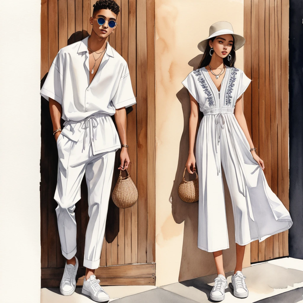 candid fashion illustration of young Mixed race man and woman, both aged 18 year old, ((showcase fashion look book in a Black and White rayon outfits)), inspired by BACKSTAGE resort collection 2023 in elegant young chic bohemian style. The man wears an oversized short-sleeved bowling white shirt with a minimal embroidery details, paired with relaxed-fit white Sports pants with Drawstring, He completes his look with white sneakers, round glasses. The woman complements him in a white Ankle-length dress in cotton woven fabric, Smocked details to creating gathers technique, Her ensemble includes an accessorizes with a brimmed straw bag, wood necklace and white sneakers and necklace. Captured in a low angle, ((full-body image)), ((light water color background)), sketching, realistic drawing, ((imperfect water color drawing)), fashion look book, fashion illustrator, sketch design, 