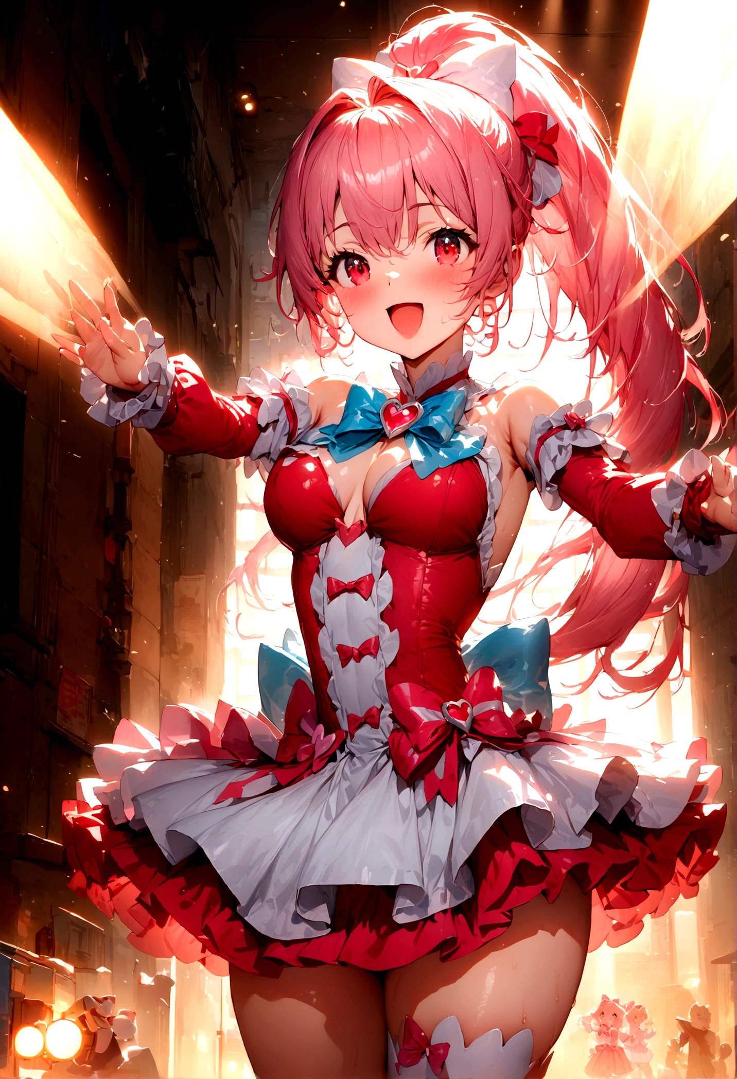 (((greatest masterpiece, ultimate quality, ultra-detailed, movie lighting, perfectly sensual))), One girl, Cure Lovely, pink hair, ponytail, red eyes, perfectly sensual cute mini PreCure costume, shoots beams from her eyes during battle, just like a robot anime, bank, Overflowing with curves, bow :d,👙,🍈🍈,🌮,🦏,🤯🎇🤯🎇🤯