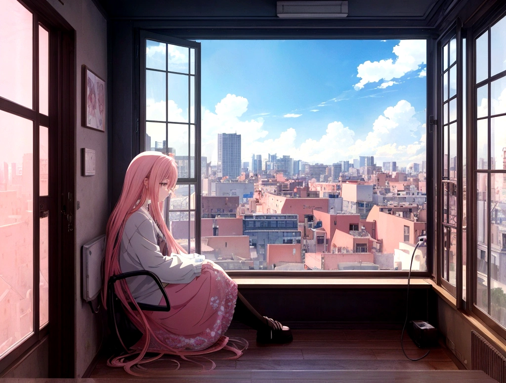 Absurd, High resolution, (Official Art, beautifully、aesthetic:1.2), Sit by the window and look outside, Girl listening to music, light pink long hair, Lo-fi Girl, Bright Sky, A vast world, Kaisei and Artgelm, Anime atmosphere, Lofi Artstyle, Anime Style 4k, Anime Aesthetics, Lo-fi feeling, Lofi Art, anime art wallpaper 4k, An atmosphere of praise, Rooms with large windows, Emotional cityscape, city room